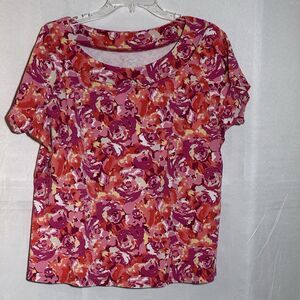 Kim Rogers 1X Pink Floral Short Sleeve 100% Cotton Top Blouse Casual Spring